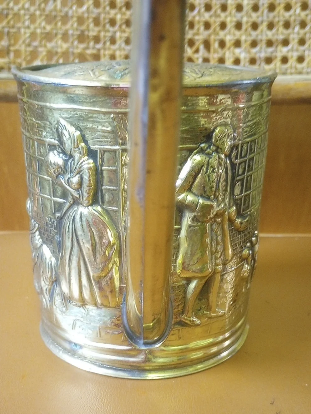 Vintage Molded Brass Watering Can w/ Colonial Historical Figures & Dogs